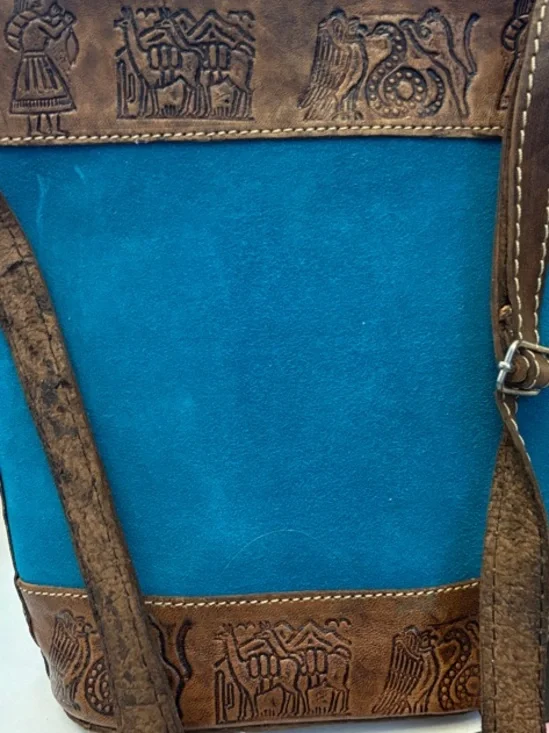 Handcrafted Peruvian Handcrafted Turquoise & Brown Embossed Crossbody Bag - Picture 6 of 12
